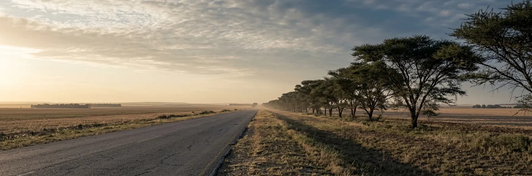 A straight road running away across the flat Hungarian plain at dawn, a line of wind-shaped acacia trees along one side and mist lying over the fields.