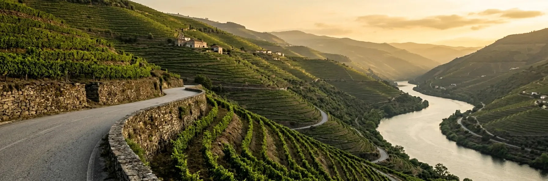 A road curving along a terraced hillside of vineyards high above the Douro river in Portugal, stone retaining walls below and hills receding in warm afternoon light.