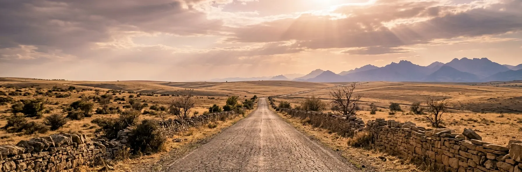 A road running across the dry Anatolian plateau in Turkey towards distant mountains, scrub and low stone walls either side in hazy warm light.