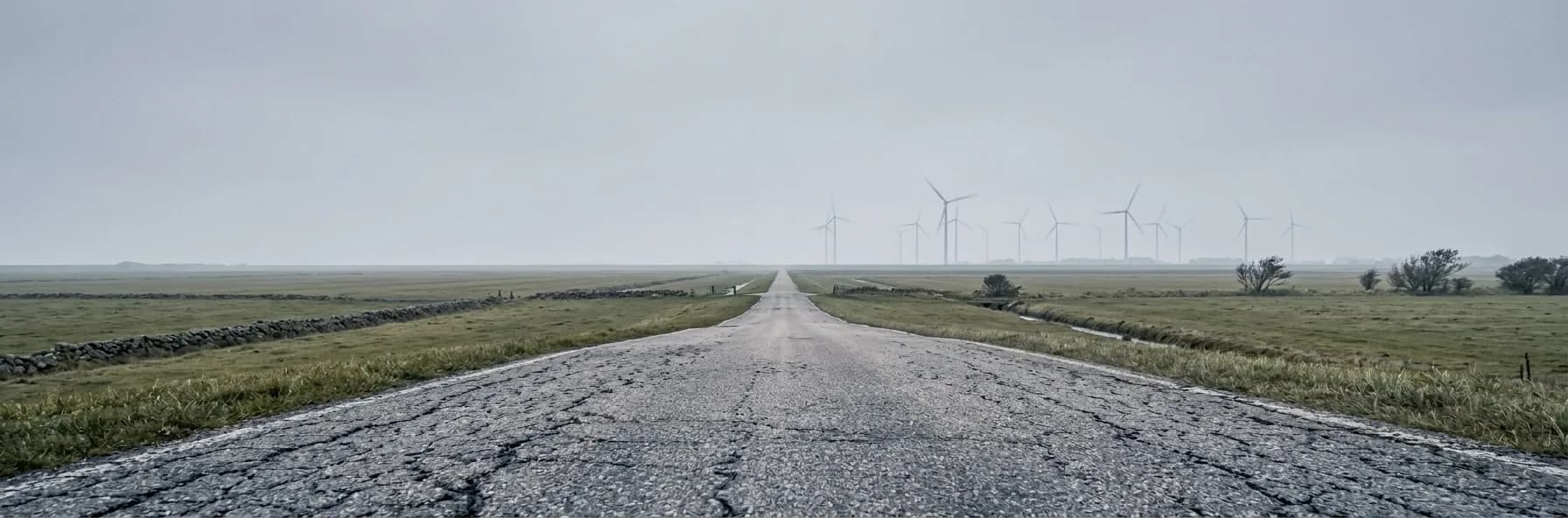 A straight road across flat Danish farmland with a line of wind turbines on the horizon under a low grey sky.