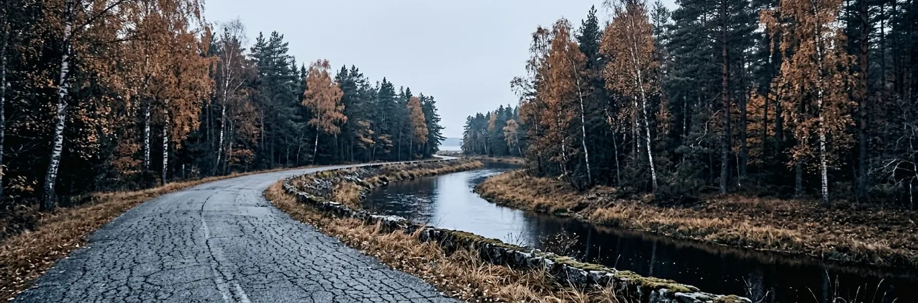A road curving through birch and pine forest beside a slow river in Latvia, autumn colour in the birches under soft grey light.