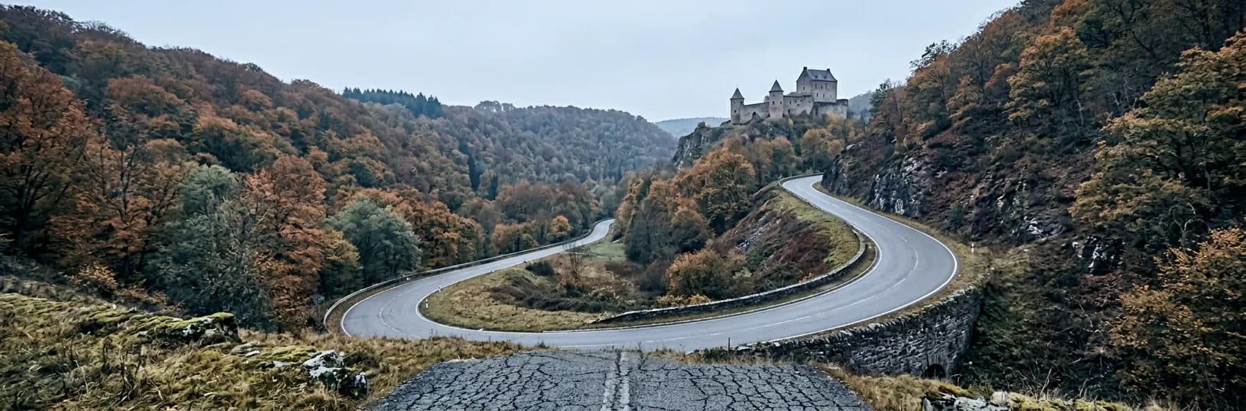 A road curving through a wooded Ardennes valley in Luxembourg in autumn colour, with a small castle on a rocky spur above the bend.