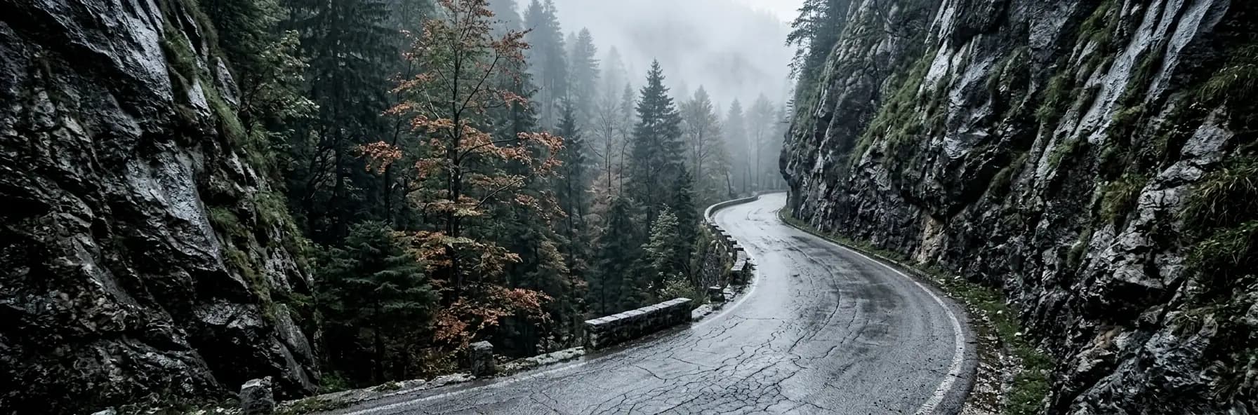 A wet road curving through misty Carpathian beech and fir forest in Romania, autumn colour among the trees.