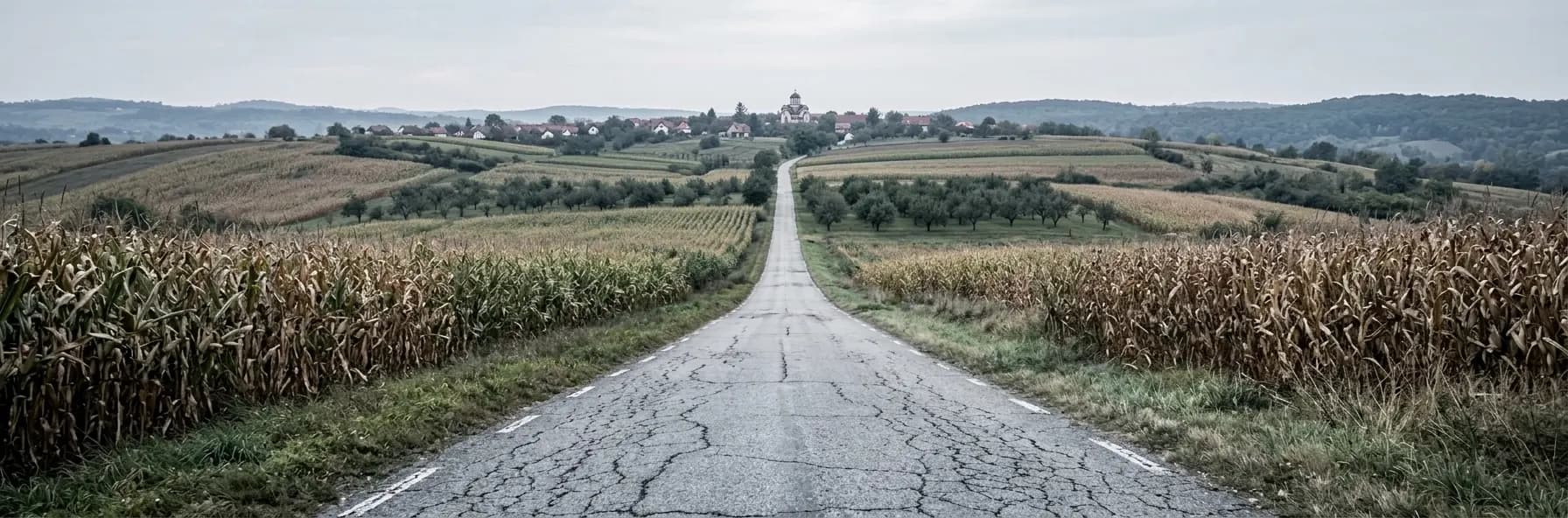A straight road running between maize fields and orchards across rolling Serbian farmland, with a village and a domed church on the ridge ahead.