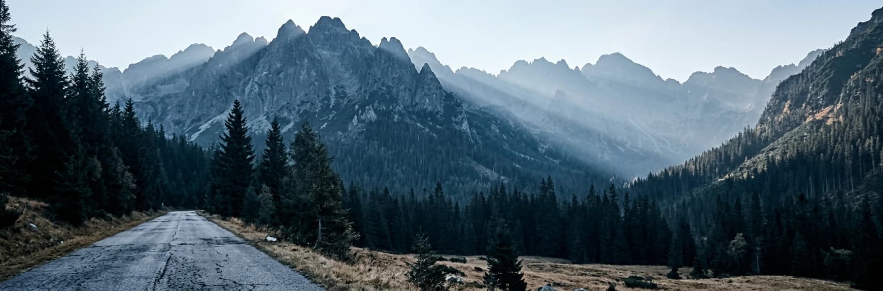 A road running along a valley of dark spruce forest in Slovakia, with the jagged grey peaks of the High Tatras rising behind.