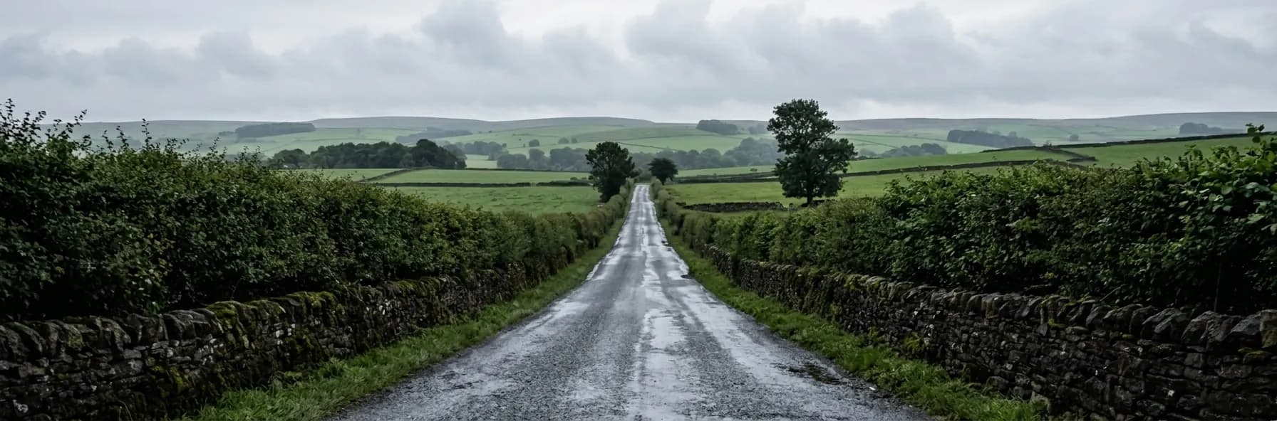 A narrow rural road between hedgerows and dry-stone walls in the United Kingdom, wet after rain, running through rolling green fields.